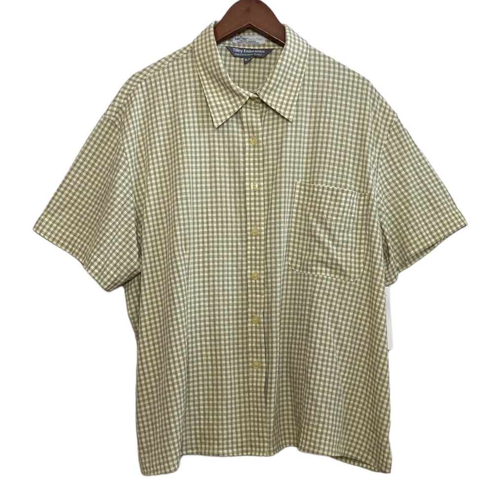 New Tilley Blouse Womens 3XL Yellow Gray Check Short Sleeve Top Comfort Travel